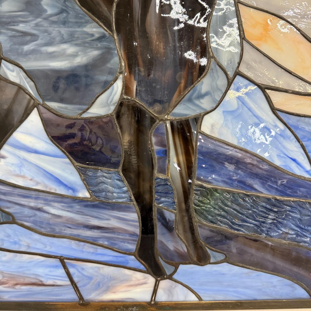 【幅61.5㎝】【希少】大型 ステンドグラス 狼と月 遠吠え 壁掛け パネル