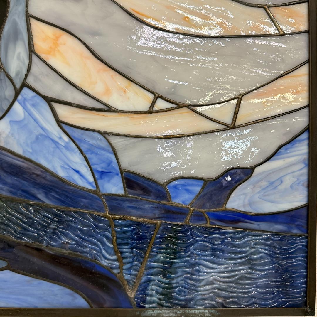 【幅61.5㎝】【希少】大型 ステンドグラス 狼と月 遠吠え 壁掛け パネル