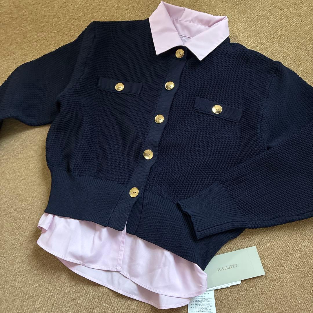 新品 ジャスグリッティー JUSGLITTY 衿付きカノコカーデガン Mネイビー