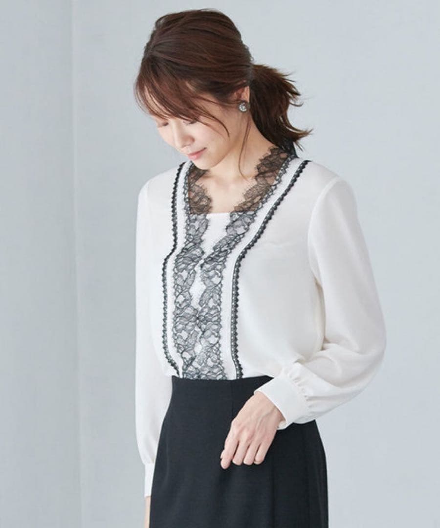 ANAYI アナイ クレープジョーゼットレースブラウス 38 オフィス 上品