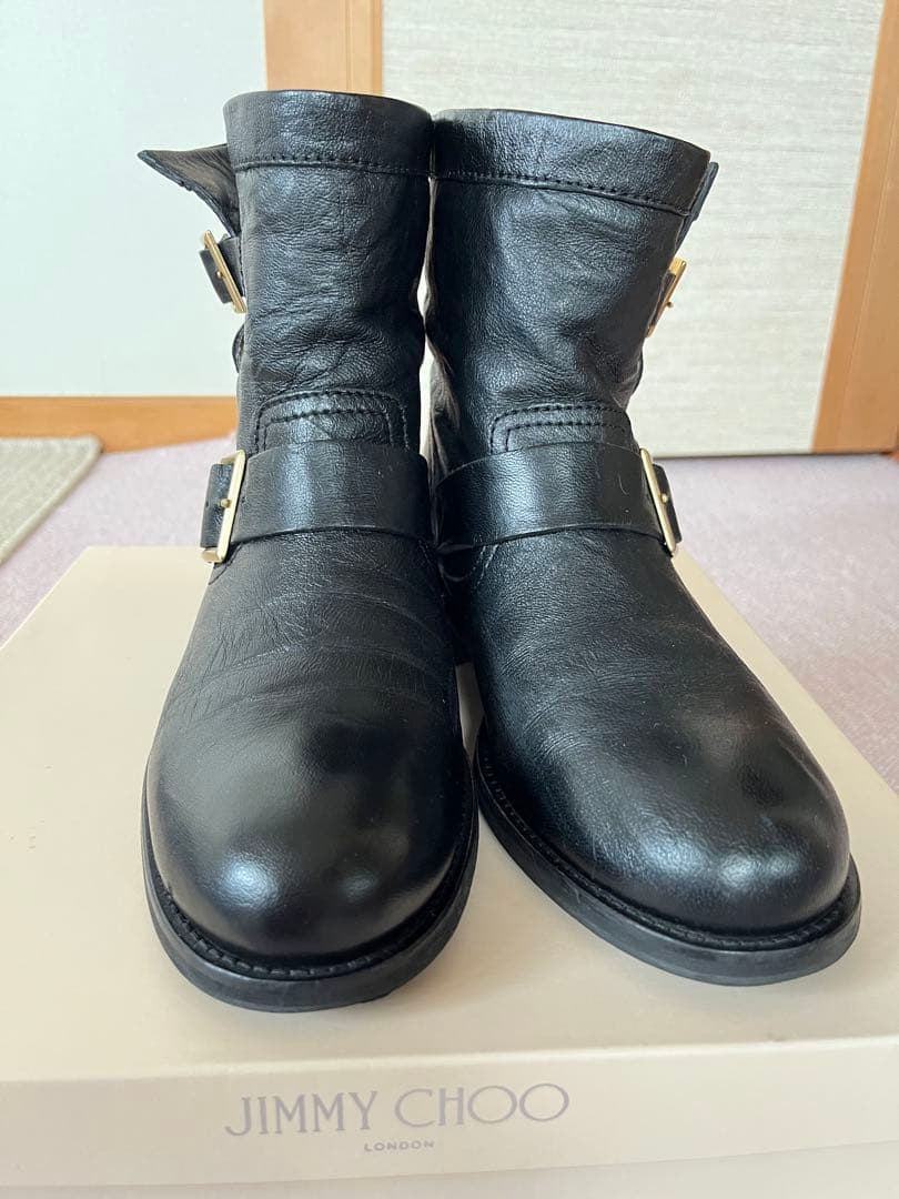 最終値下げJIMMY CHOO ブラックレザーバイカーブーツ 38
