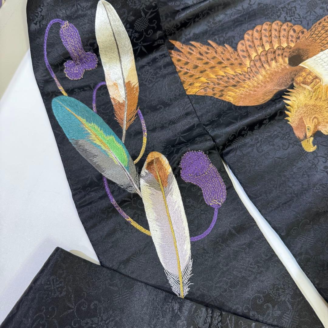 鷹の刺繍 名古屋帯 黒　アンティーク　刺繍帯　羽