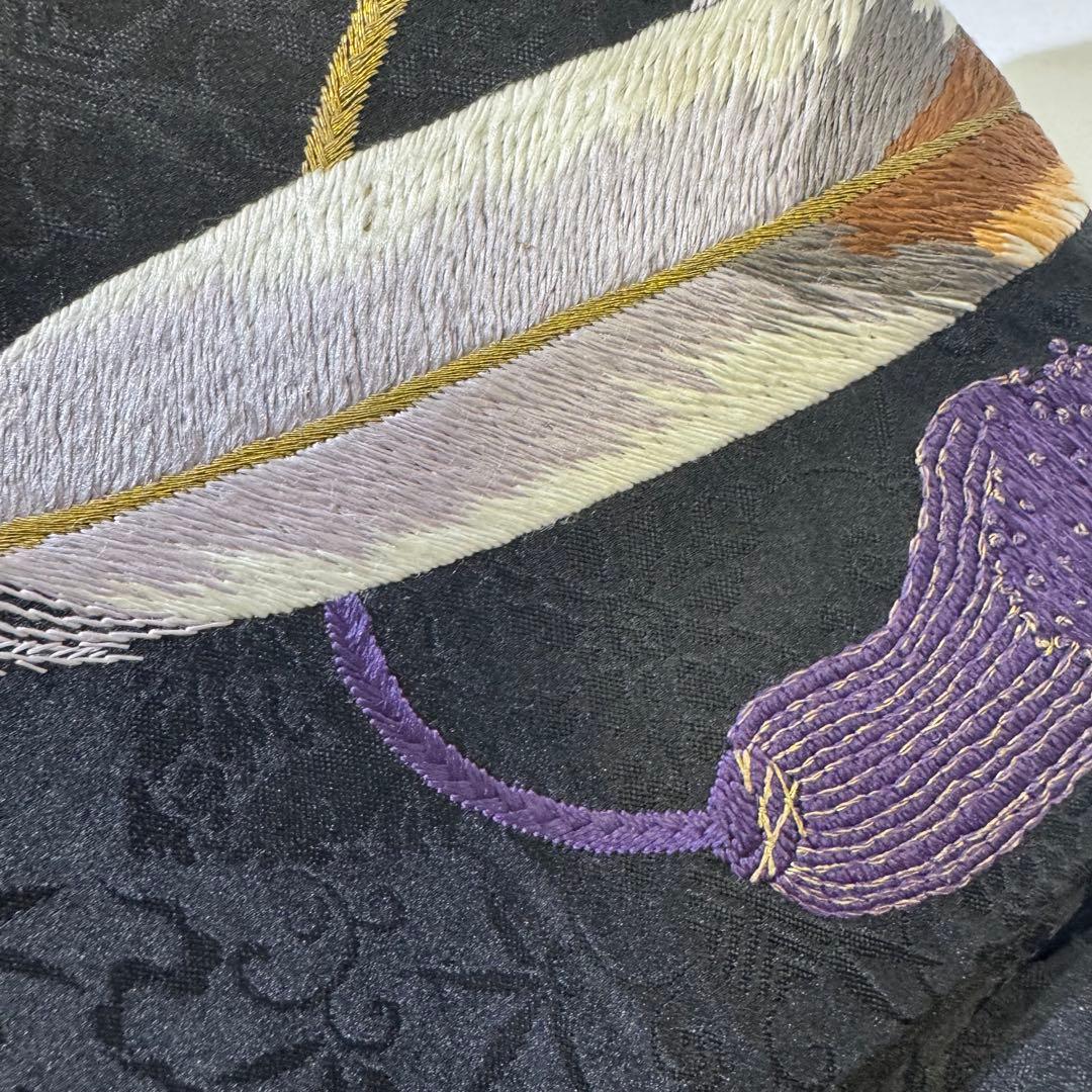 鷹の刺繍 名古屋帯 黒　アンティーク　刺繍帯　羽