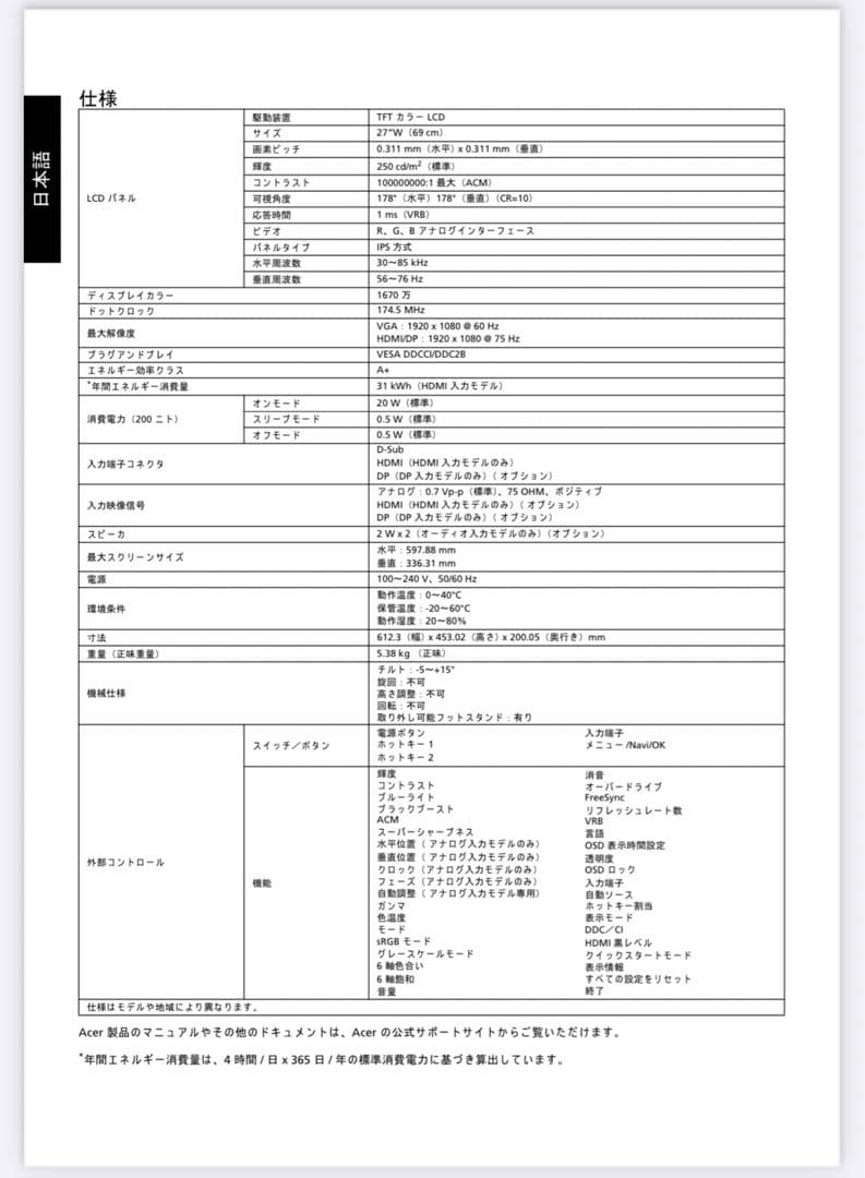 acer KB272 モニター 本体 液晶 フルHD