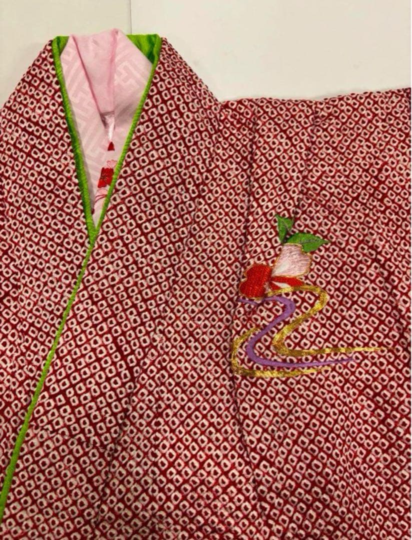 七五三　7歳女の子　正絹　豪華絞り　刺繍　高級本仕立　2点セット　熨斗目　桜