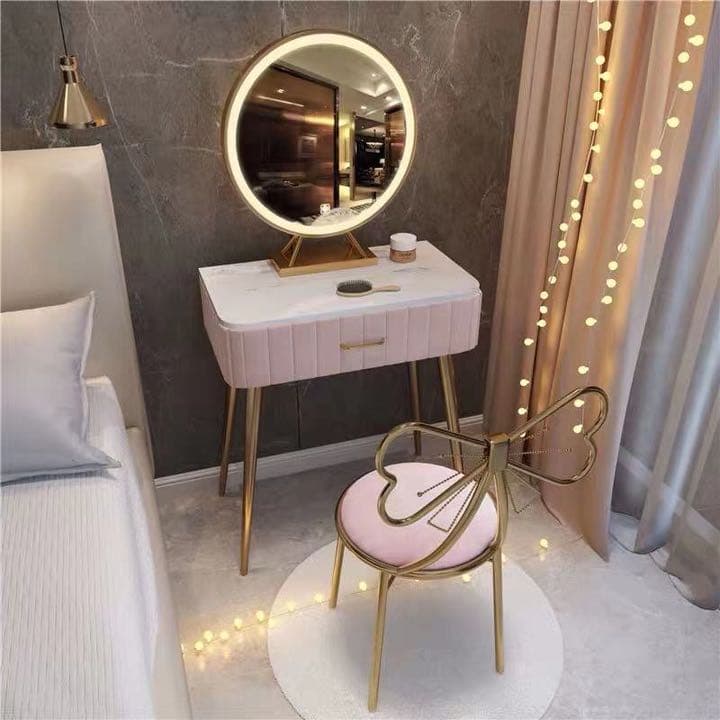 オシャレドレッサー　グリーン　デスク引き出し1杯LEDミラー　椅子　棚4点セット