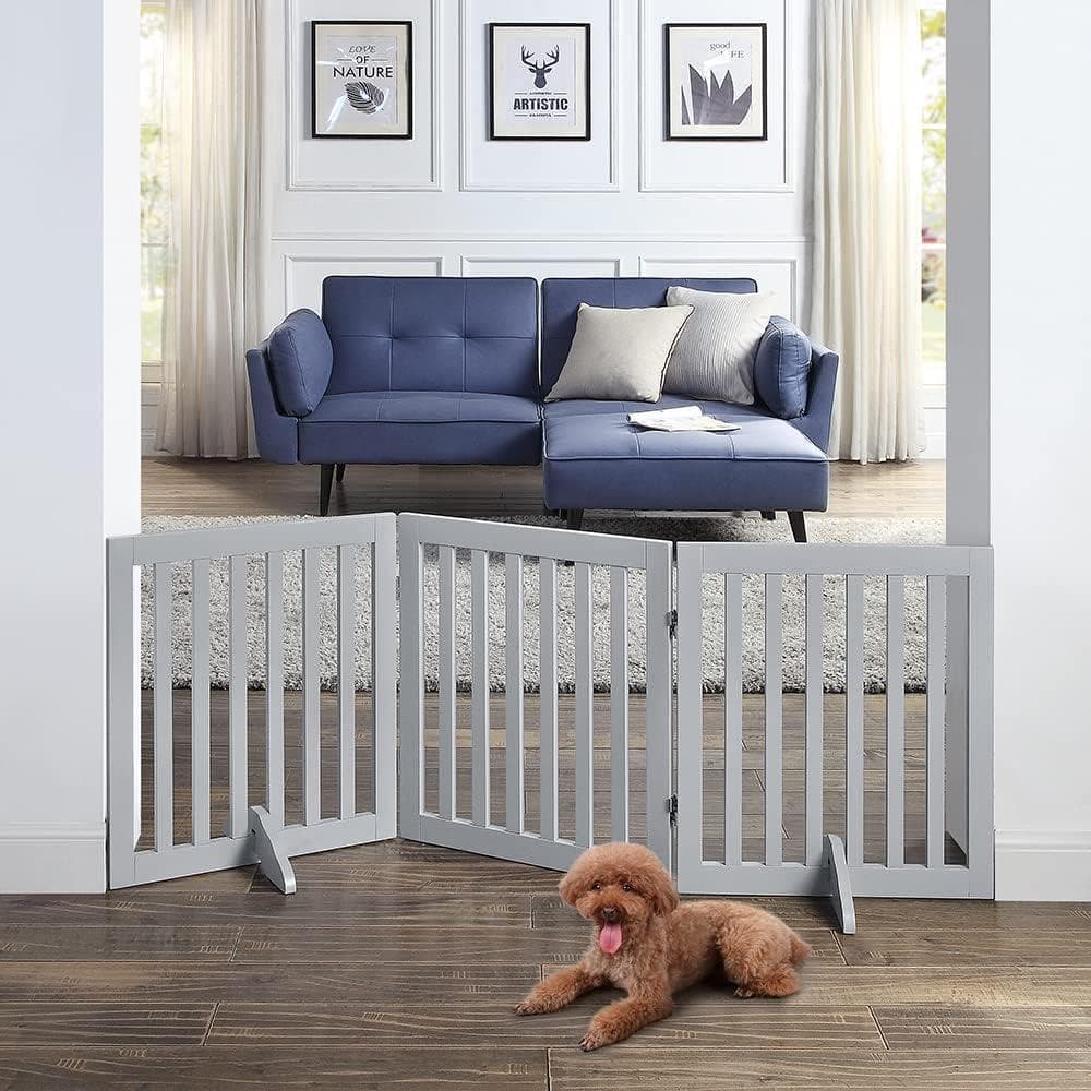 unipaws ペットゲート 置くだけ簡単 木製 折りたたみ式 伸縮可能　グレー