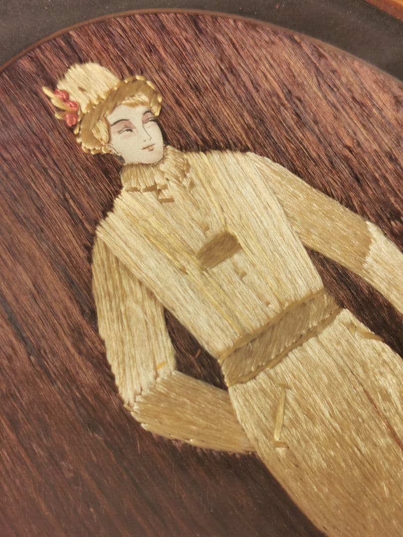 アンティーク 美しいシルク刺繍絵 額装 オランダ民族衣装/正装 少年と籠とアヒル