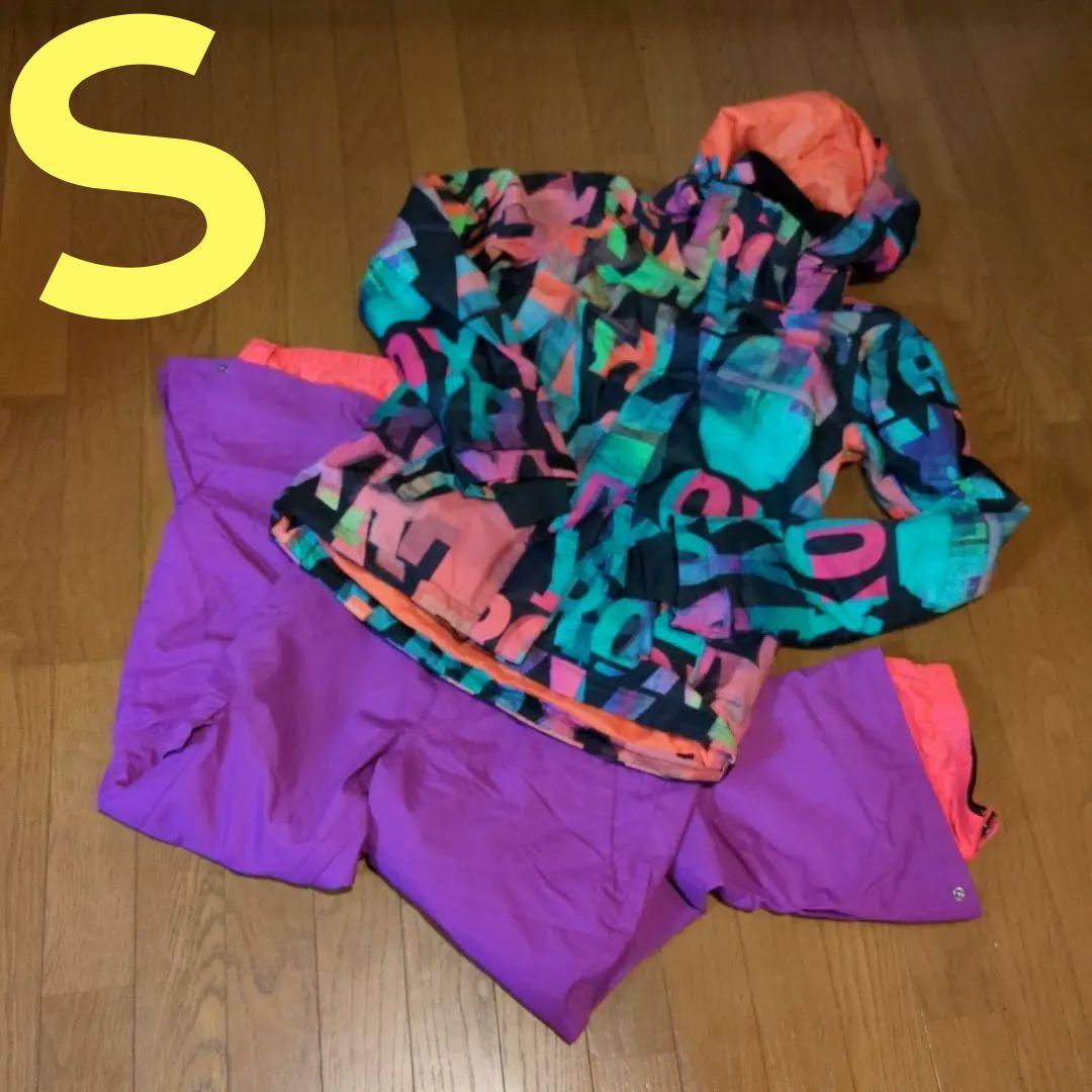 【美品】ROXY　スノボウェア　上下セット　Ｓ　総柄　ロゴ　パープル
