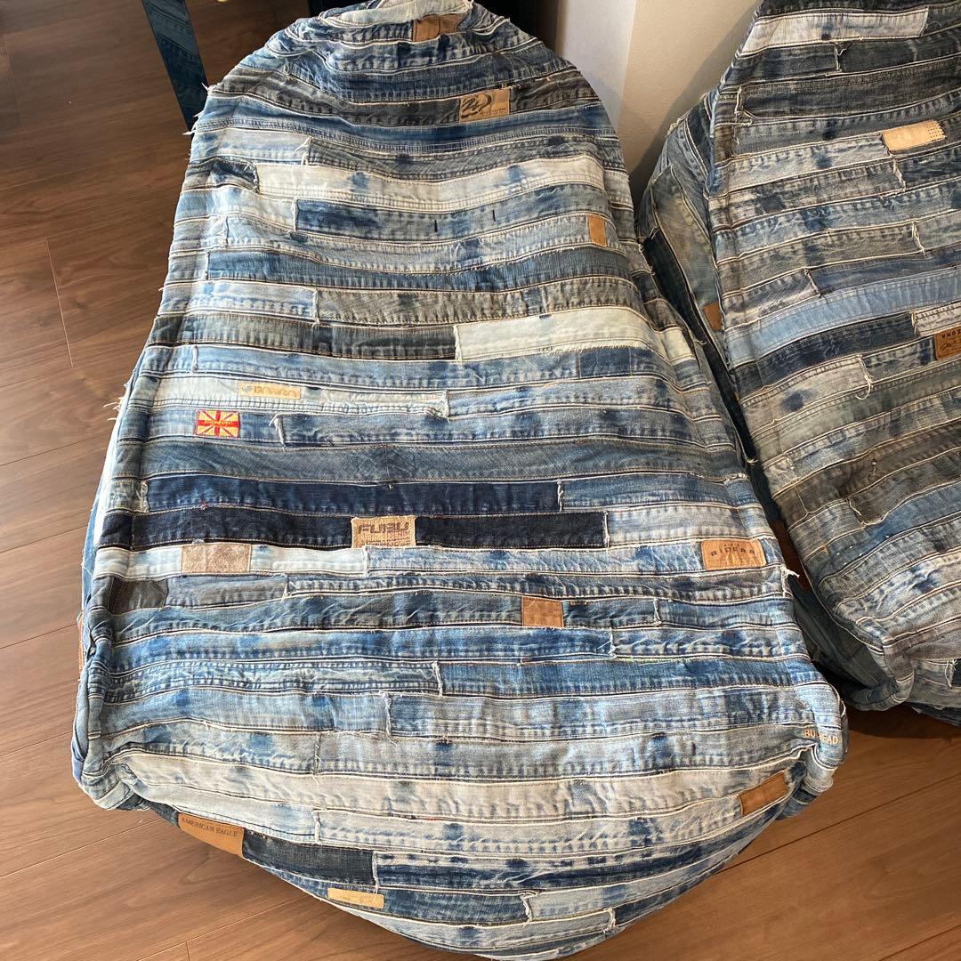 デニム生地　ビーズクッション　2つセット　ソファー　パッチワーク