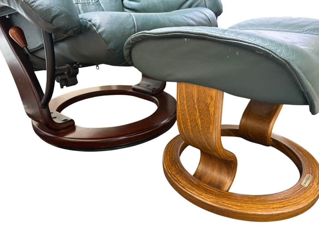 グリーンレザー 1人掛けソファ オットマン付き