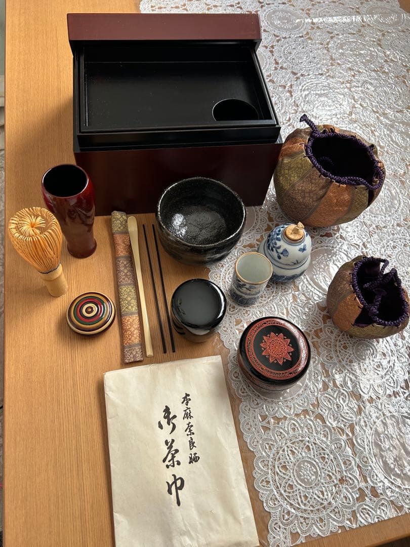 す*か様 茶道具セット 一式 焦茶箱付き 木箱のサイズ 約高さ14㌢幅21㌢奥行