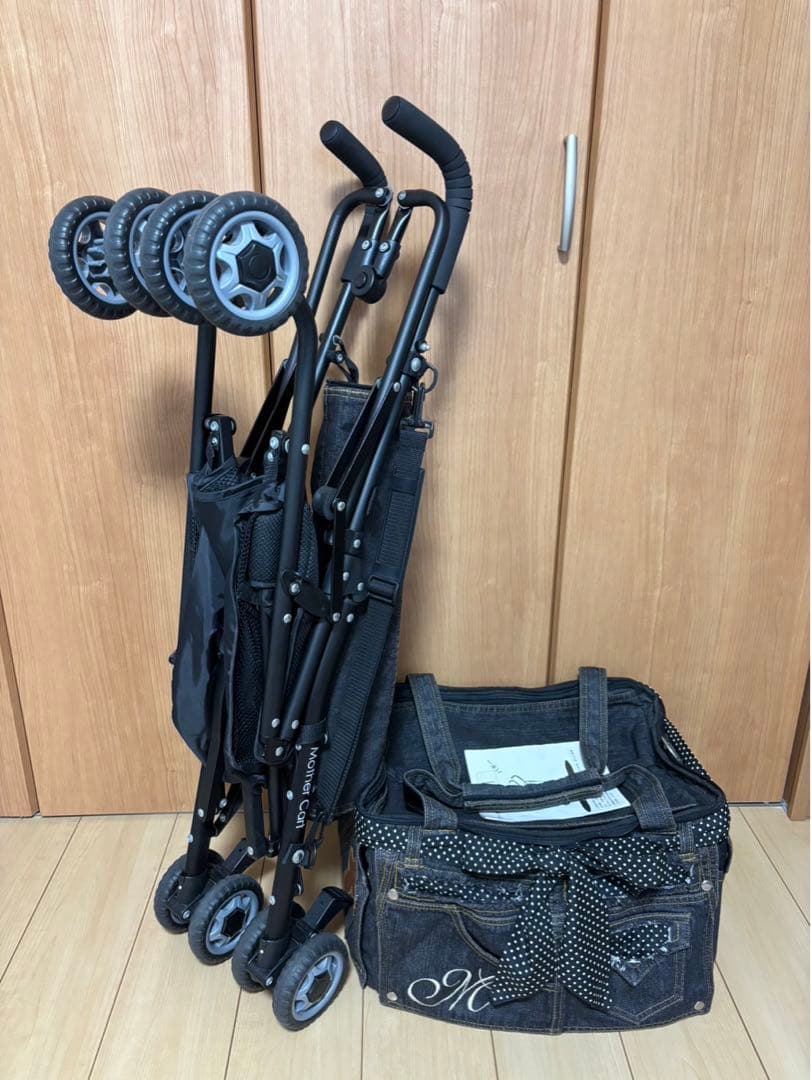 SALE希少美品マザーカートミニバギードットパターンデニム犬猫キャリー散歩バッグ