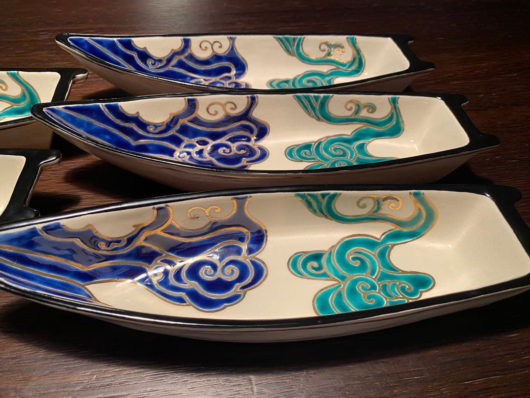 京焼焼向付　仁清流水舟形向付5客　新品未使用