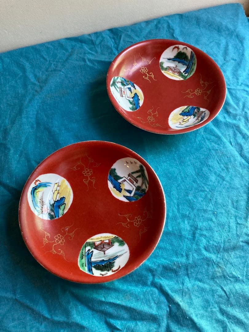 清朝　十錦手小皿　南京皿　二客