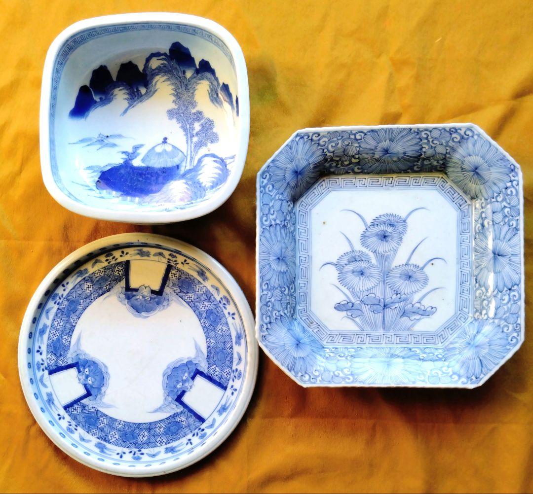 古伊万里の皿　3種類セット　骨董品　アンティーク　大皿　盛り皿　染付