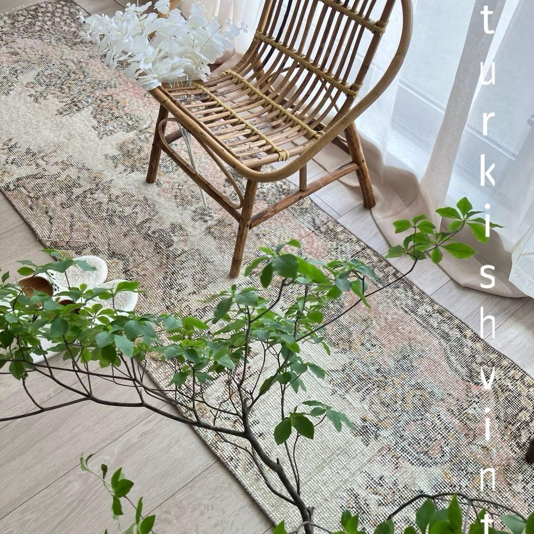 カフェオレ59×216ピンク　ブラウン　超ロングランナー　トルコヴィンテージラグ