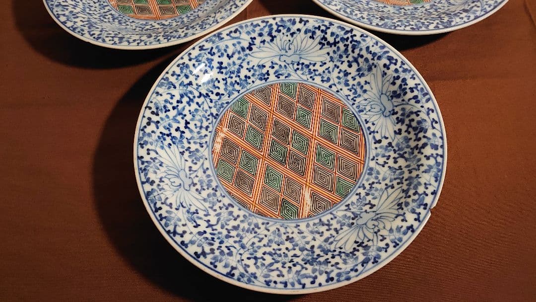 大聖寺伊万里　古伊万里　伊万里　染付　色絵　小紋　唐草文　華唐草　江戸期　３客