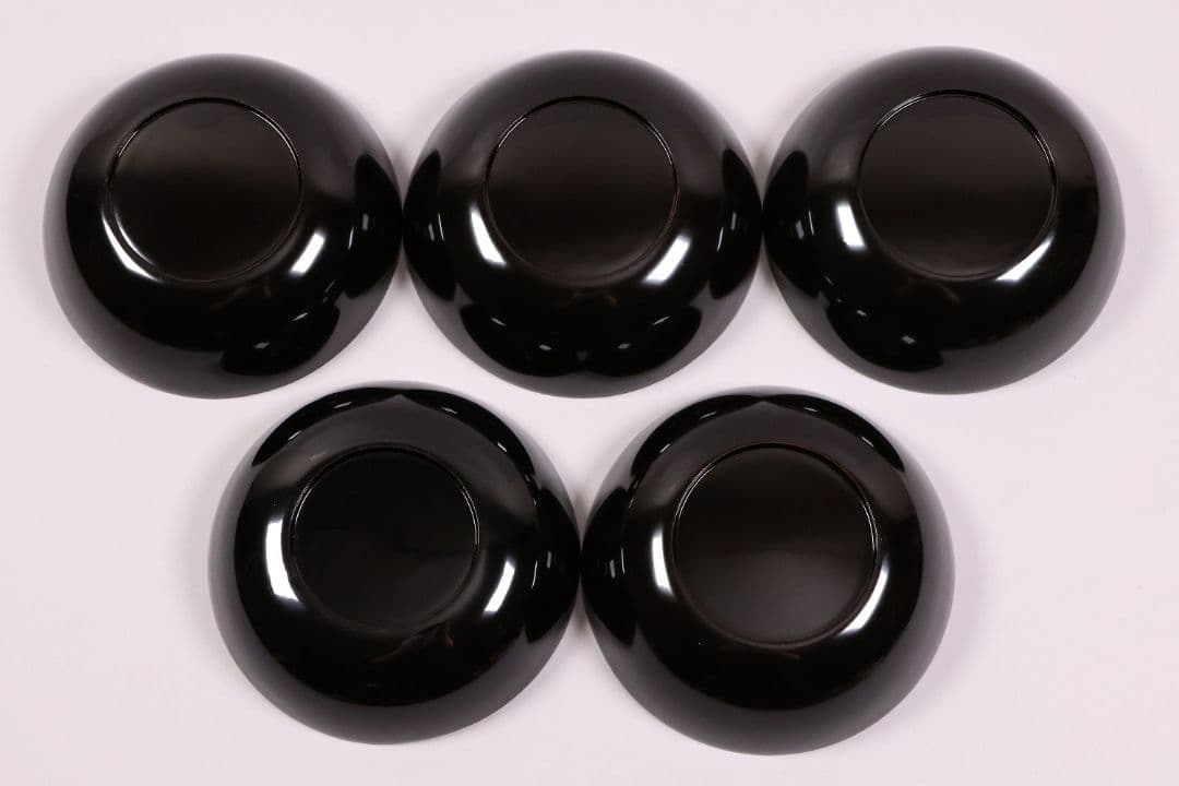 【CM233】古い木皿 五客 梅 金蒔絵 黒塗 小皿 菓子皿 木製漆器 大正昭和