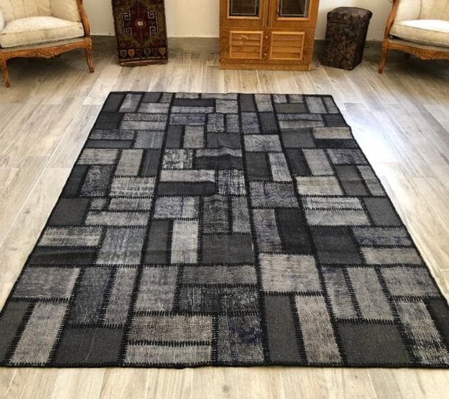 トルコ ヴィンテージラグ A57 超大判 レア グレー ブルー パッチワークラグ