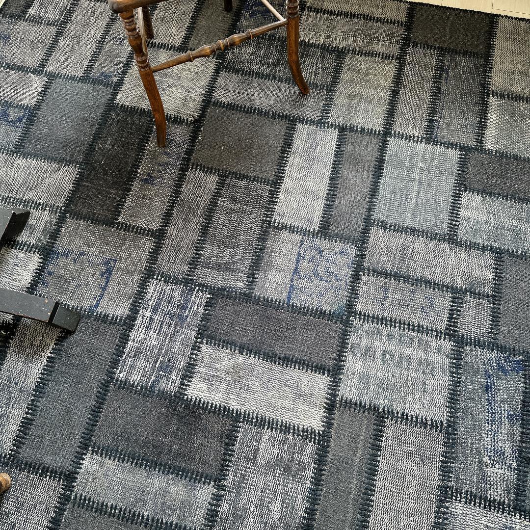 トルコ ヴィンテージラグ A57 超大判 レア グレー ブルー パッチワークラグ