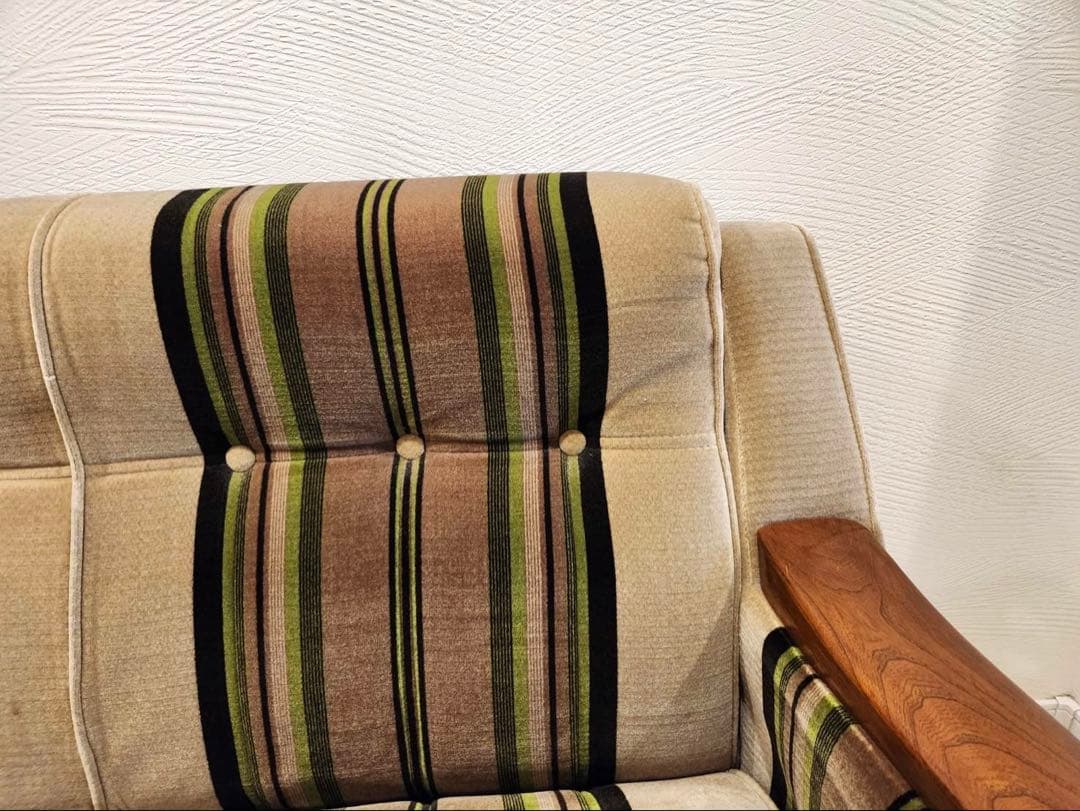 昭和レトロ　アンティーク ストライプ3pソファ モケット　ファブリック