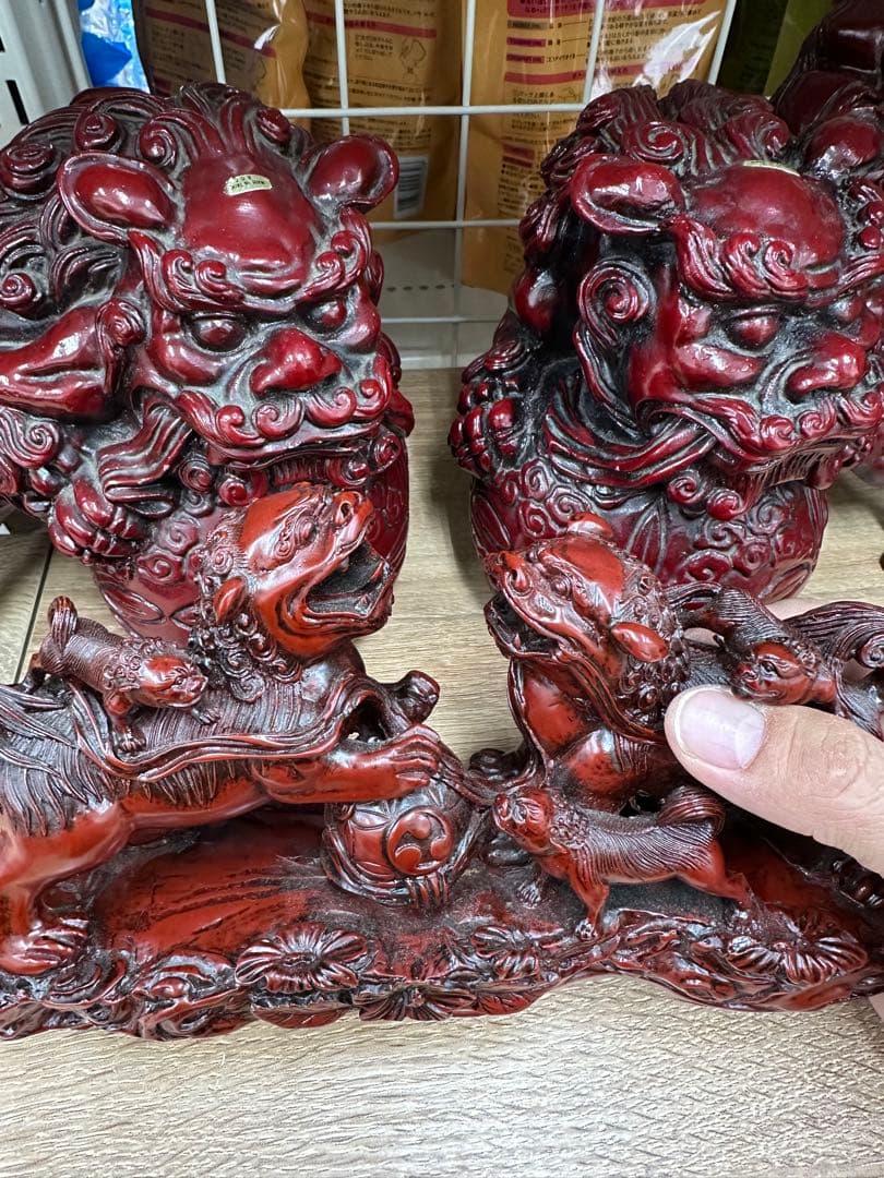 【3体セット】赤獅子 狛犬 親子獅子 置物 大小まとめ売り 縁起物 風水