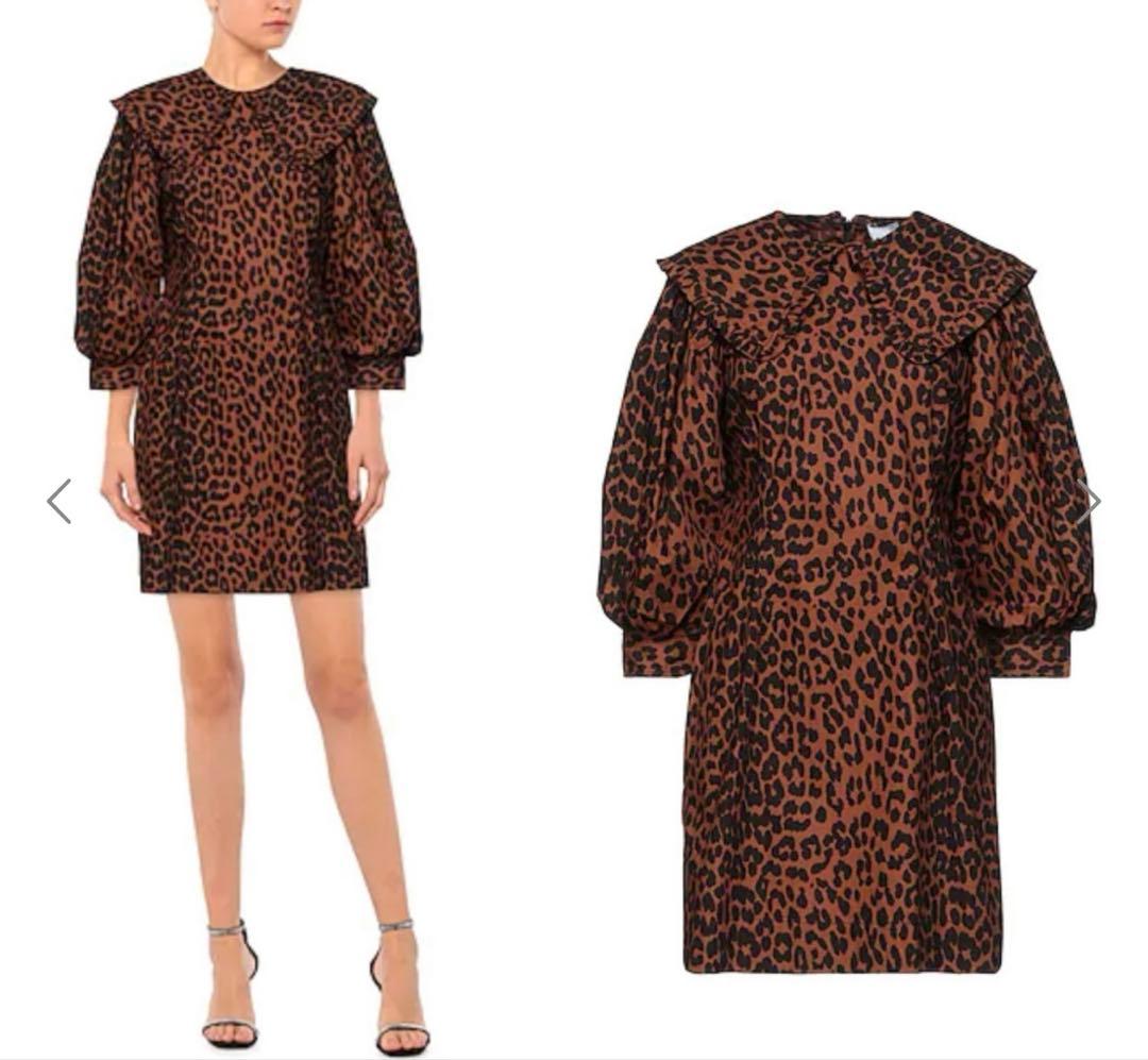 美品】GANNI レオパード柄 フリル襟　ミニ丈ワンピース　総柄　派手　個性的