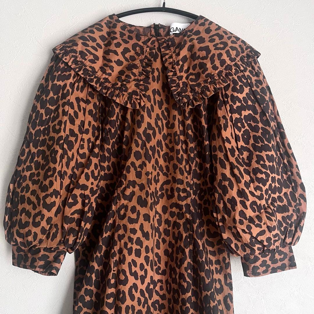 美品】GANNI レオパード柄 フリル襟　ミニ丈ワンピース　総柄　派手　個性的