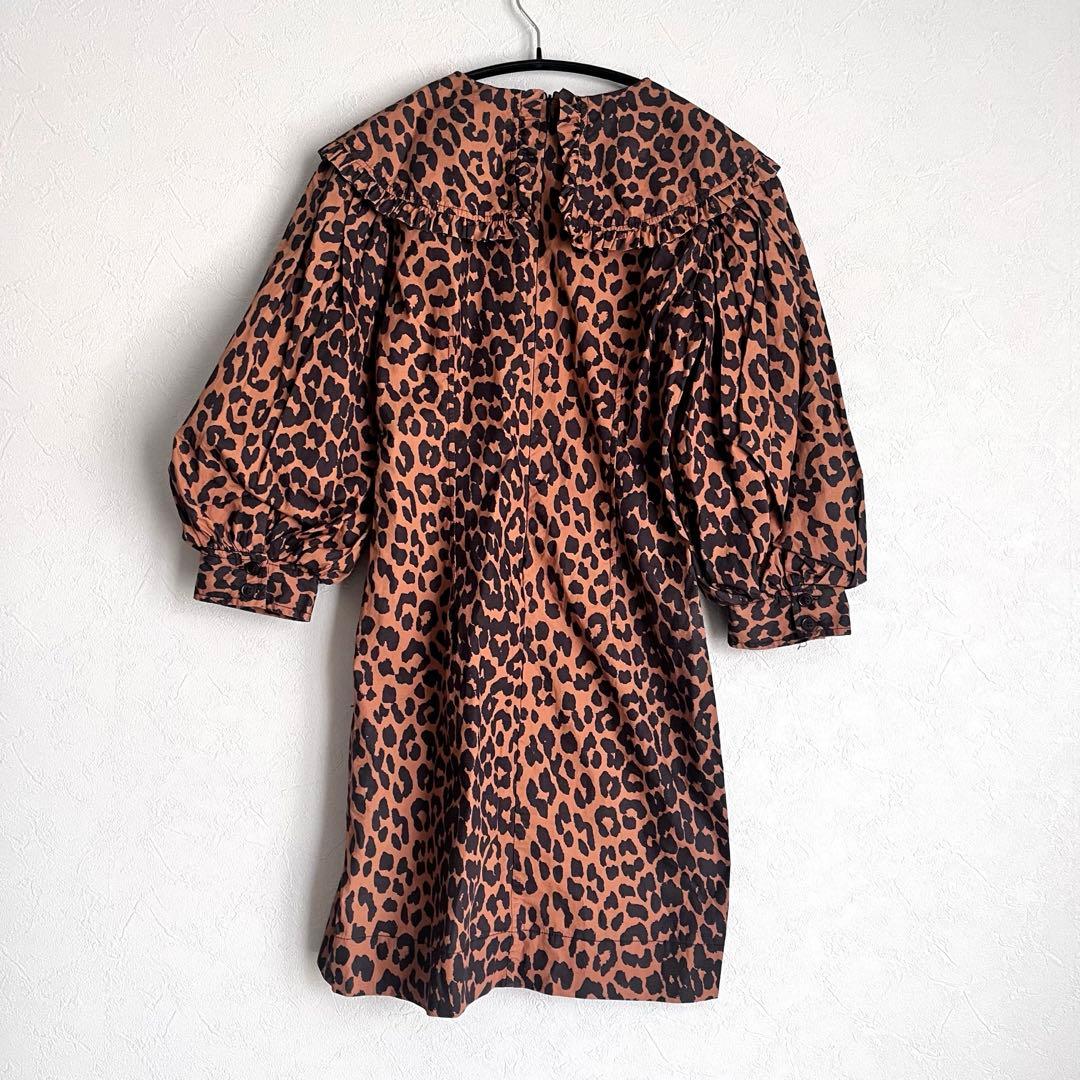 美品】GANNI レオパード柄 フリル襟　ミニ丈ワンピース　総柄　派手　個性的