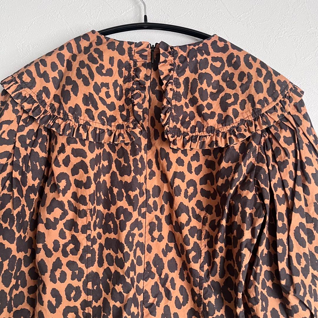 美品】GANNI レオパード柄 フリル襟　ミニ丈ワンピース　総柄　派手　個性的