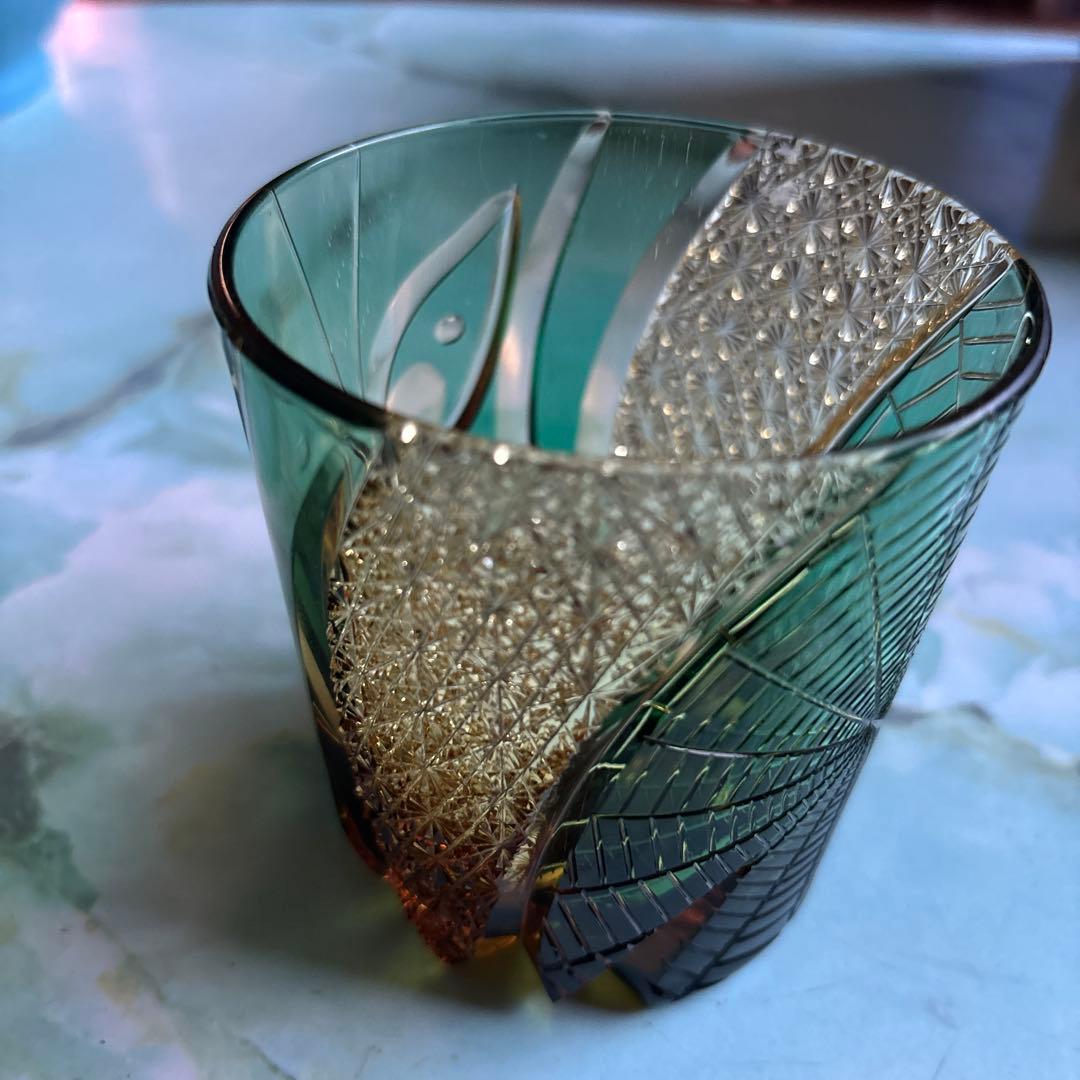 クリスタル江戸切子 流星 オールドグラス (琥珀緑)