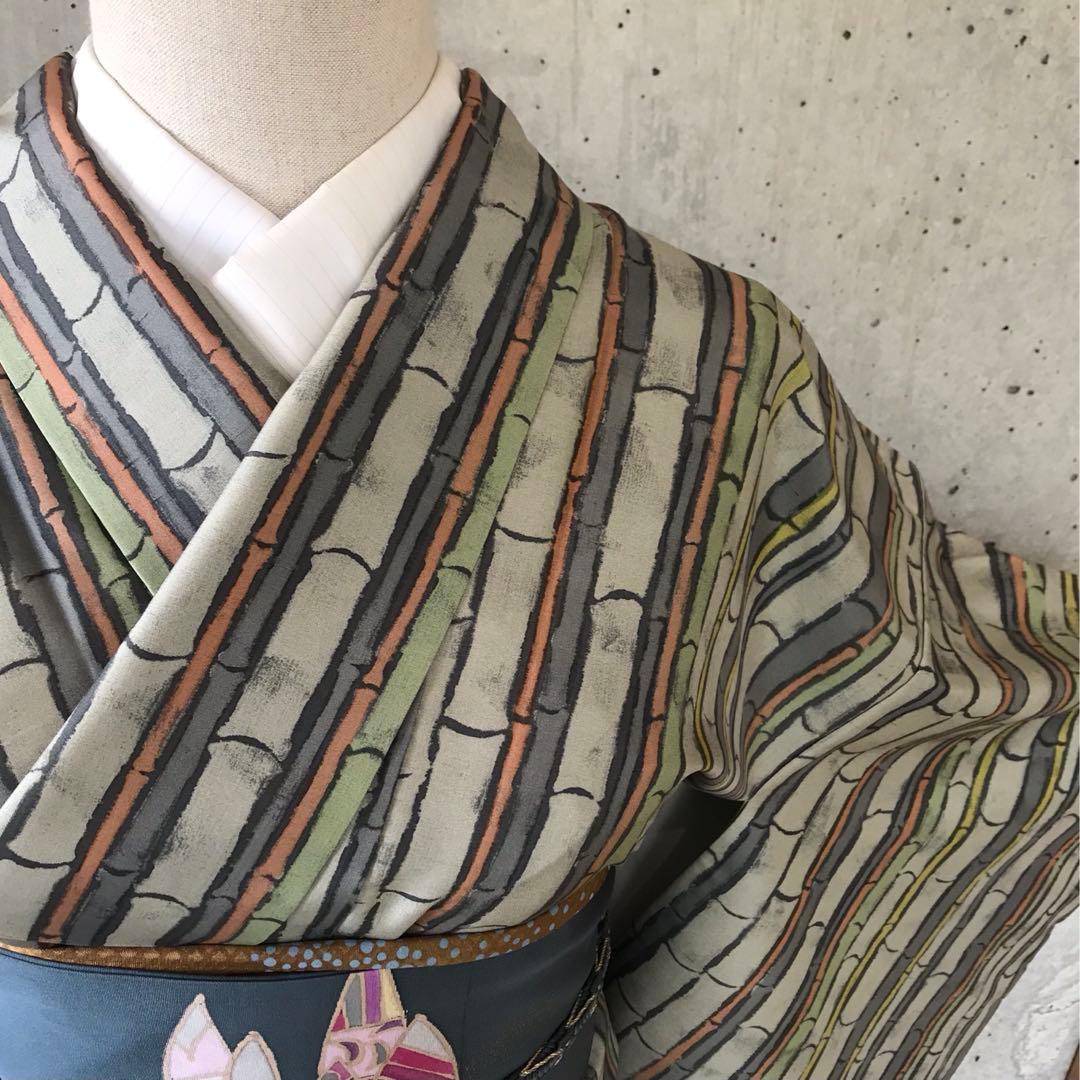 【竹柄】本場大島紬　デザイン柄　染　袷　落款　パールトーン加工