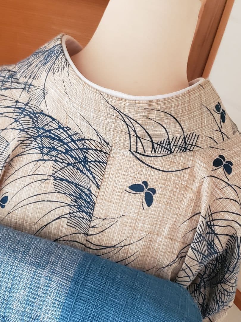 【麗しのふだんキモノ＊】奥州小紋風の浴衣　ベージュ×青　スモールサイズ　綿