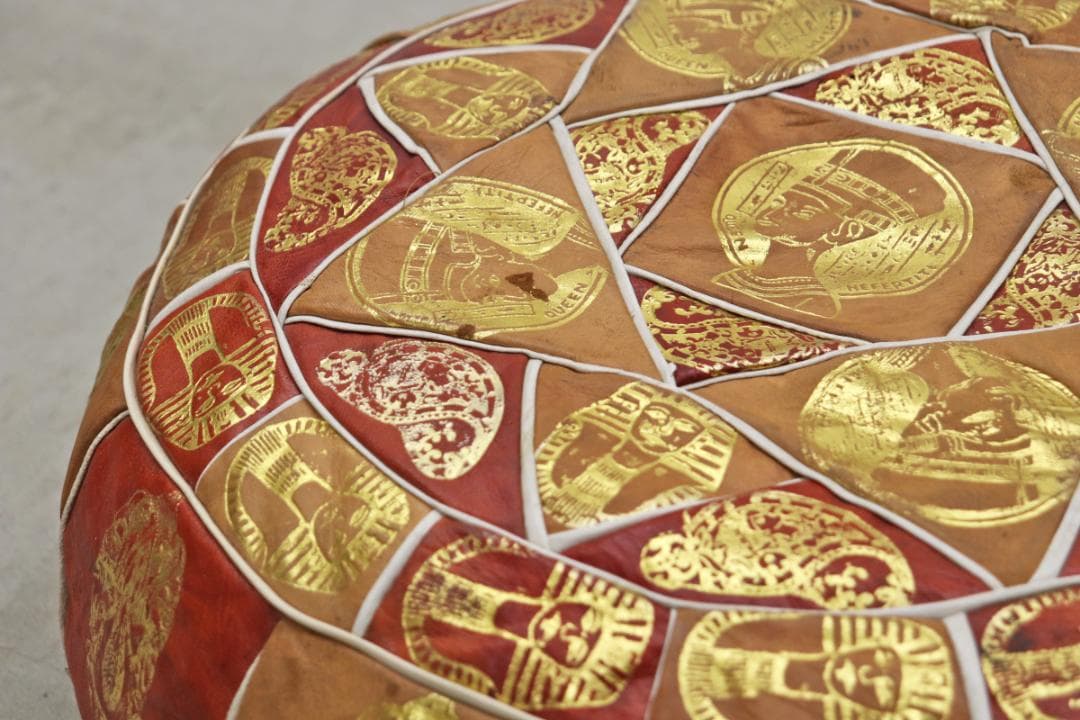 ヴィンテージ エジプト 本革 プフ クッション スツール 円形 座椅子 2