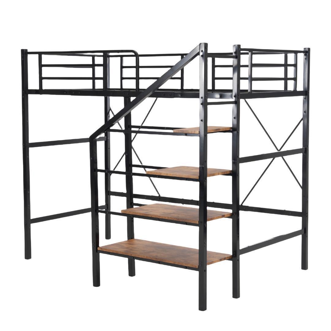 ロフトベッド 階段付き シングル パイプベッド コンセント付き 収納スチール耐震