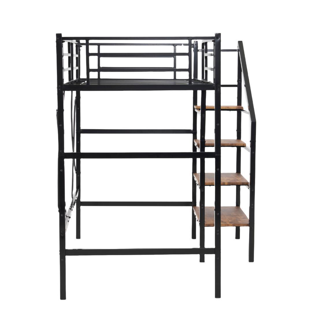 ロフトベッド 階段付き シングル パイプベッド コンセント付き 収納スチール耐震