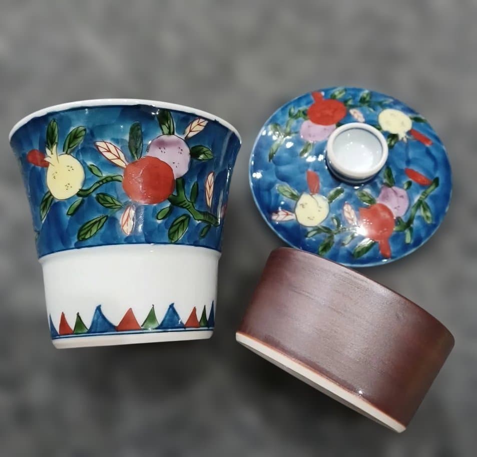 源右衛門 染錦桃絵蒸碗 蓋付碗 台皿付 5客