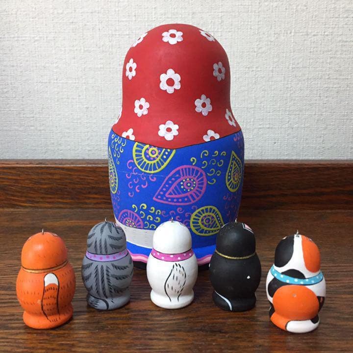 ＊訳あり ロシア雑貨☆ネコマトリョーシカ(6P)招き猫 縁起物 エカテリーナ作