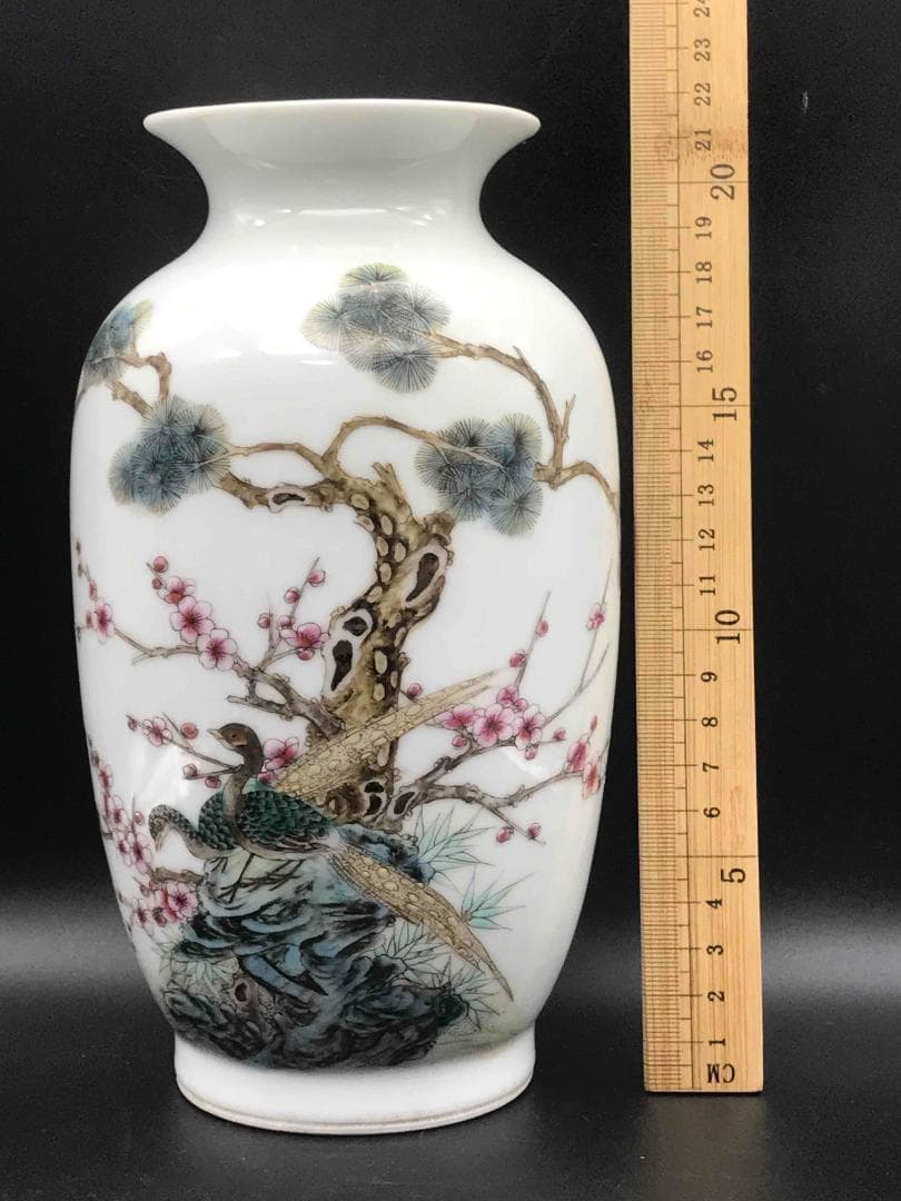 中国古美術　清時代　「大清光緒年製」在銘　粉彩花鳥詩文瓶　繊細細密(A-32)