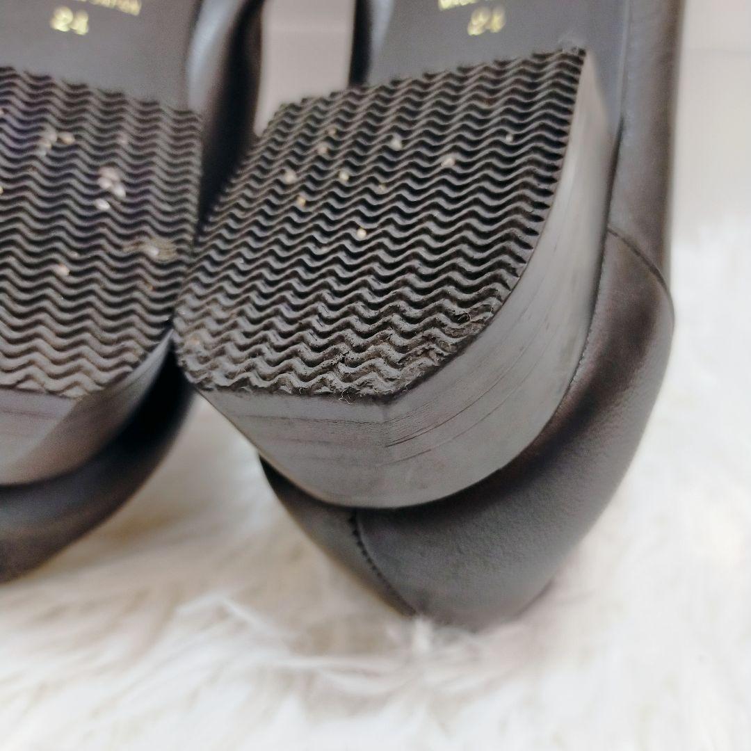 現行品☆MIHAMA リボンパンプス レザー ブラック 24cm ラウンドトゥ