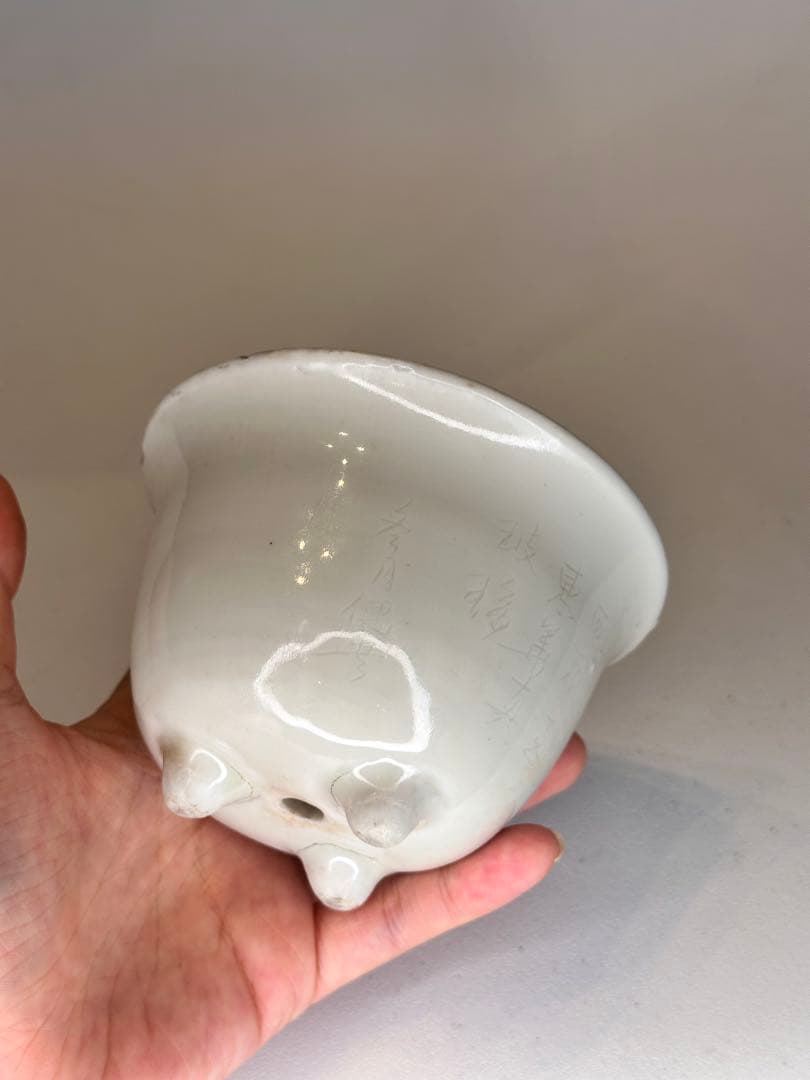 中国 清代 德化窯 白磁 三足 花盆 古陶磁 有傷