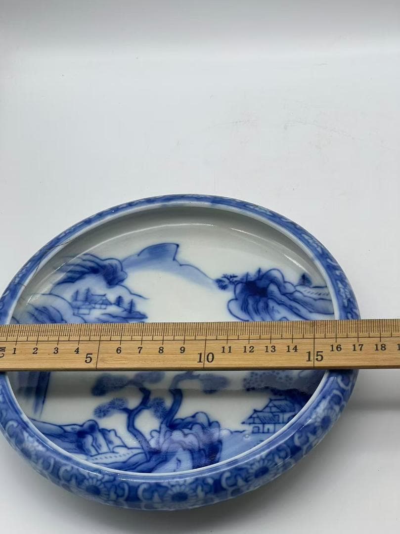 秋田焼　手描き染付山水画盛り鉢(B-47)