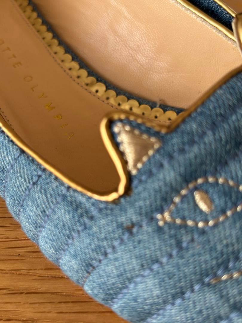 シャルロットオリンピア猫の顔刺繍デニムフラットシューズ