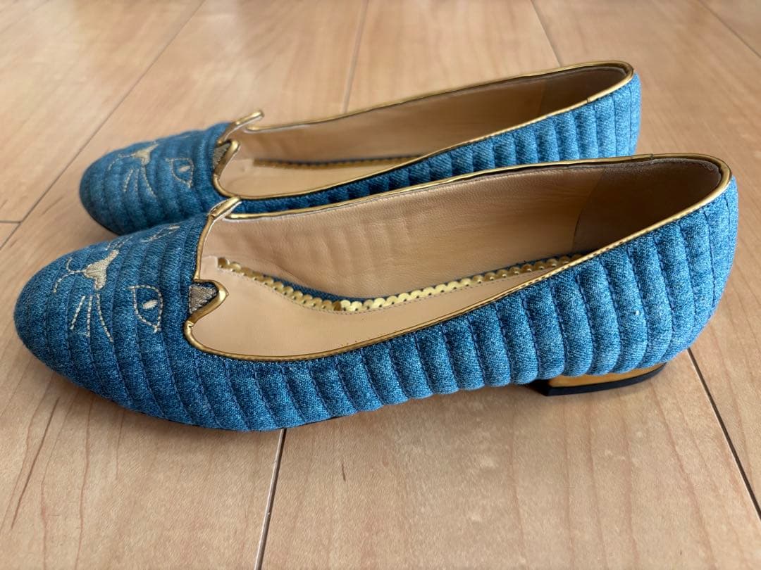 シャルロットオリンピア猫の顔刺繍デニムフラットシューズ