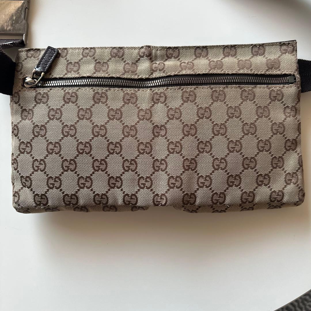 GUCCIボディバッグ GG キャンバス レザー ウエストポーチ ブラウン