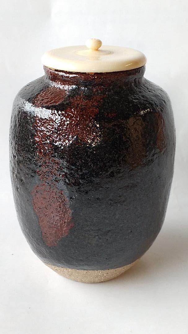 希少品 楽焼 吉村楽入 作 黒楽 茶入 仕覆 鶏頭大燈古金襴 茶道具 共箱 新品
