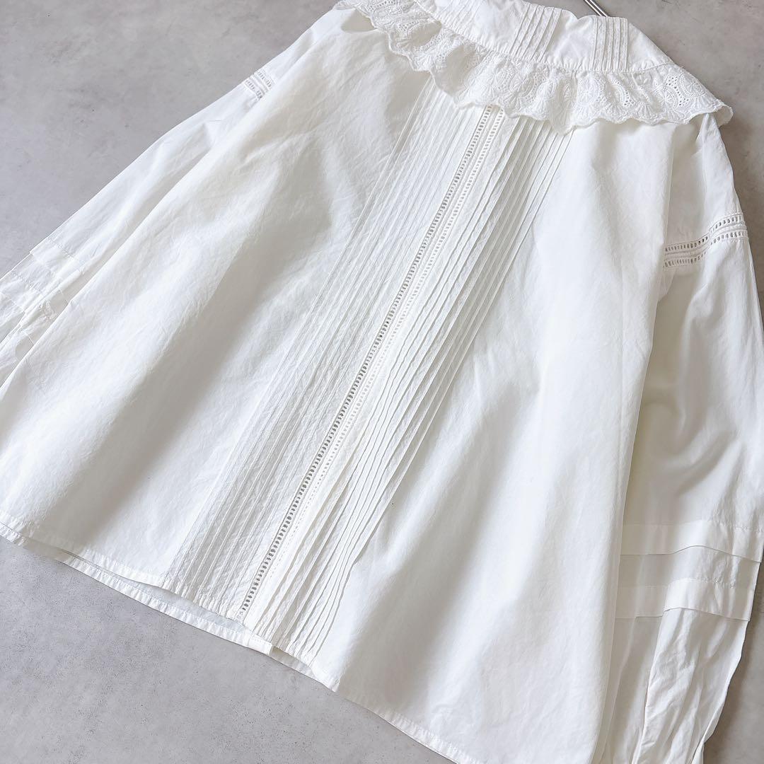 ドットアンドストライプス ピンタック レースブラウス 白 コットン F