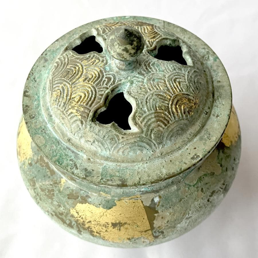 日本香堂 香炉 波千鳥 高岡銅器 銅製 金彩 緑青 古色仕上げ 仏具 茶道具