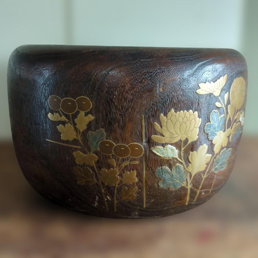 骨董　火鉢　蒔絵　螺鈿　大振り　内側銅器　花入　鉢カバー